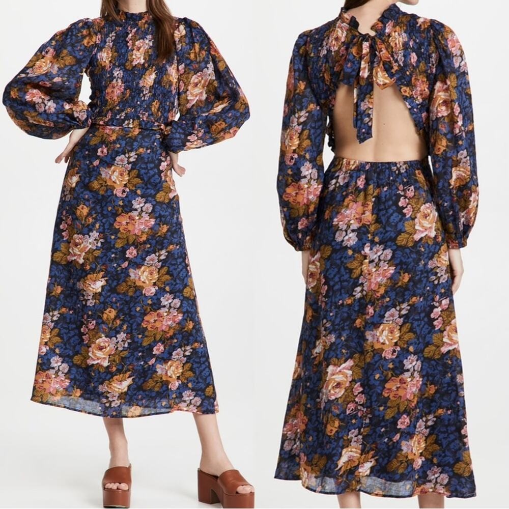 Sea Ines Floral Smocked Midi Dress Navy